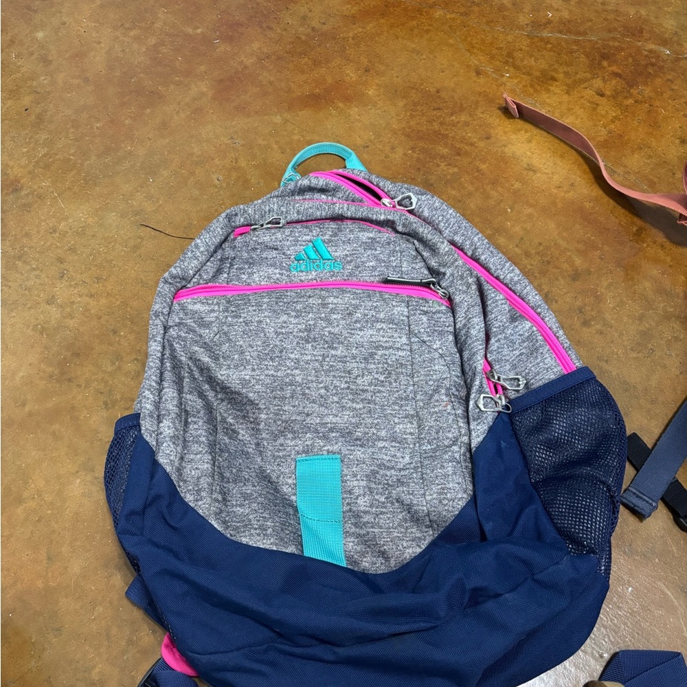Adidas Gray and Blue Backpack with Pink Accents